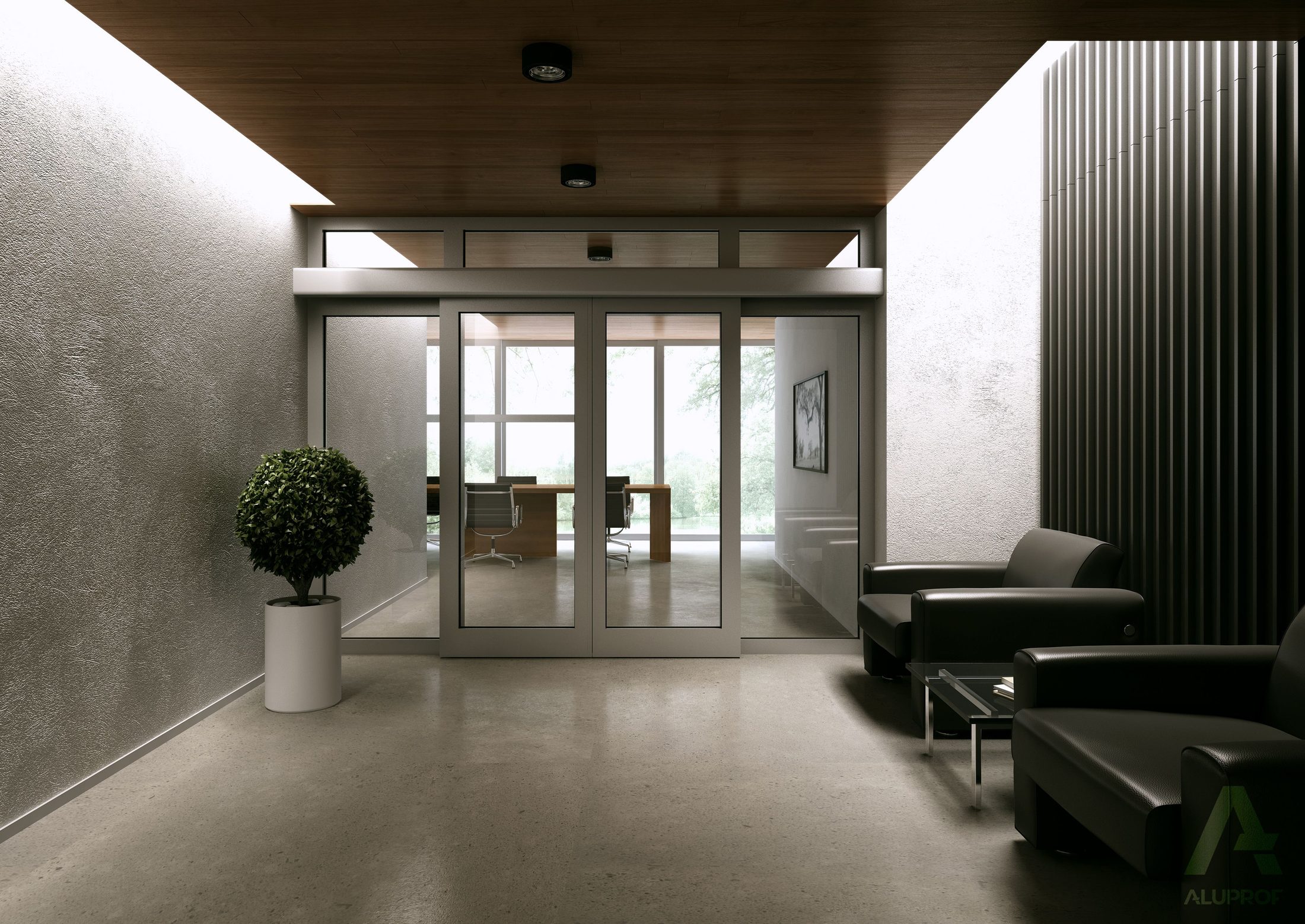 Glazed aluminium entrance doors and screen in a commercial reception
